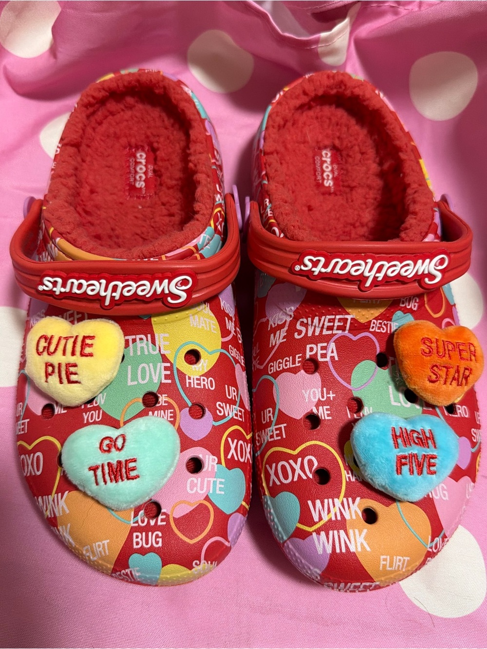 CROCS Red Conversation Heart Clogs with Plush Lining and Heart Charms - Picture 2 of 8